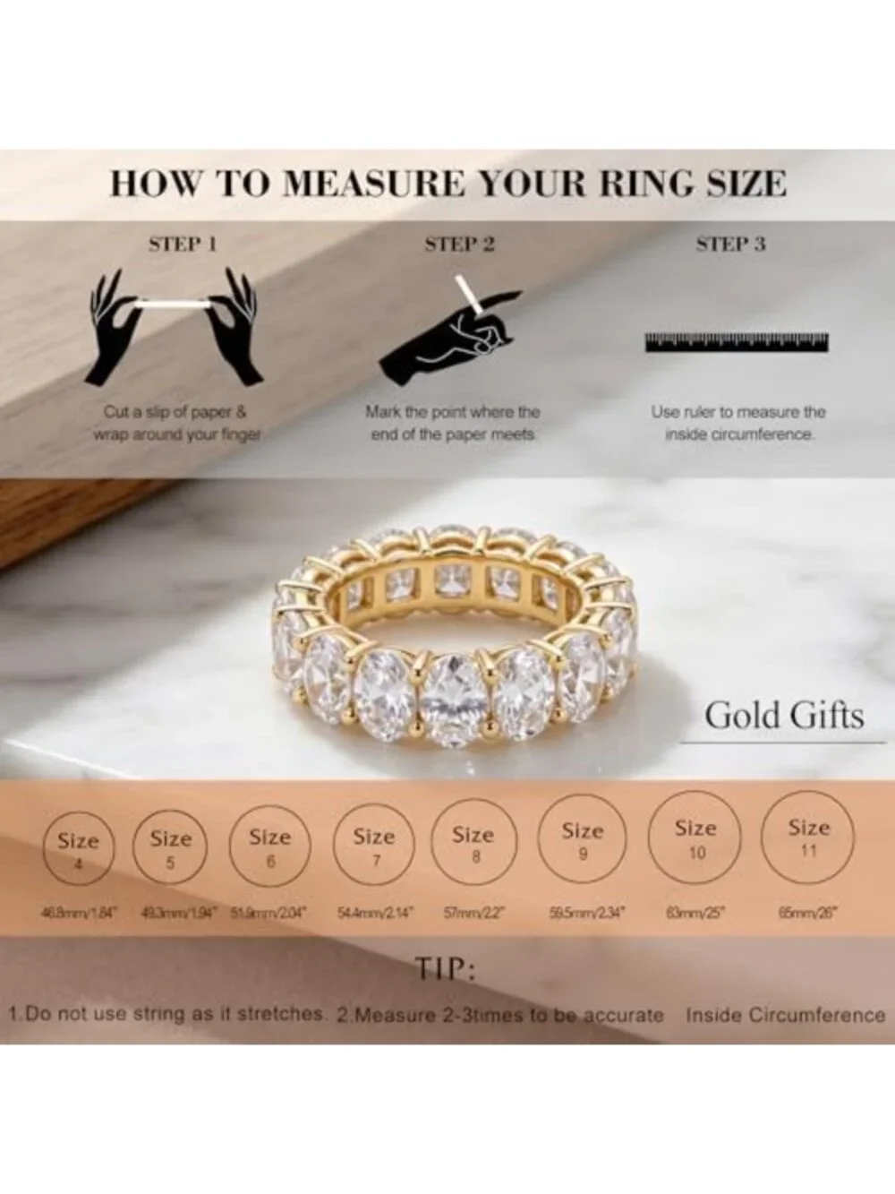 Stunning Gold Plated Oval Engagement Ring - Eternity Band, Sizes 4-9, Women's